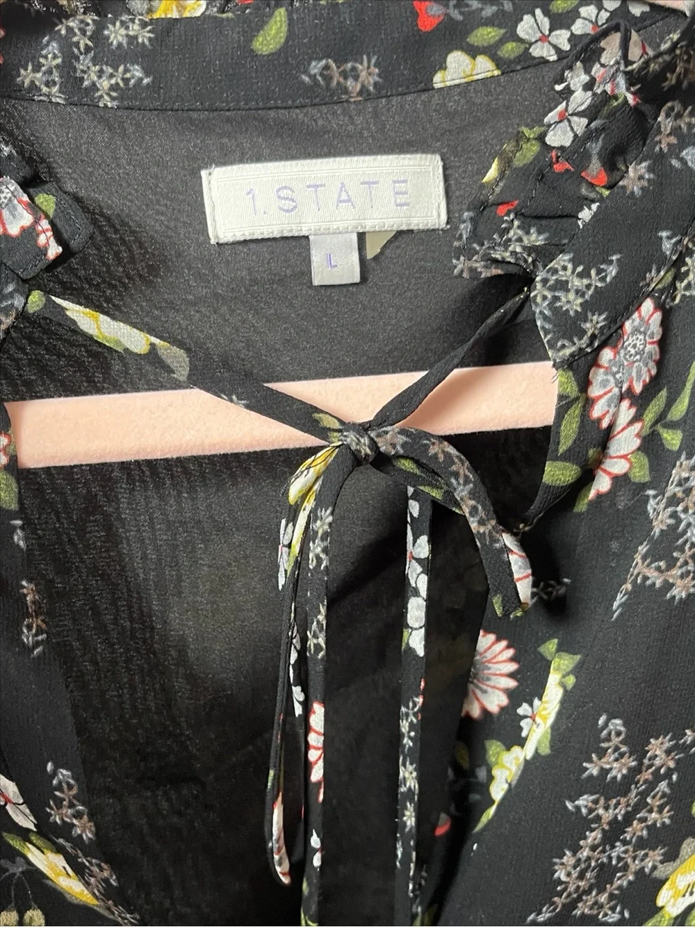 1.STATE Floral Tie Neck Sheer Long Sleeve Tunic Dress Size Large - Picture 5 of 6